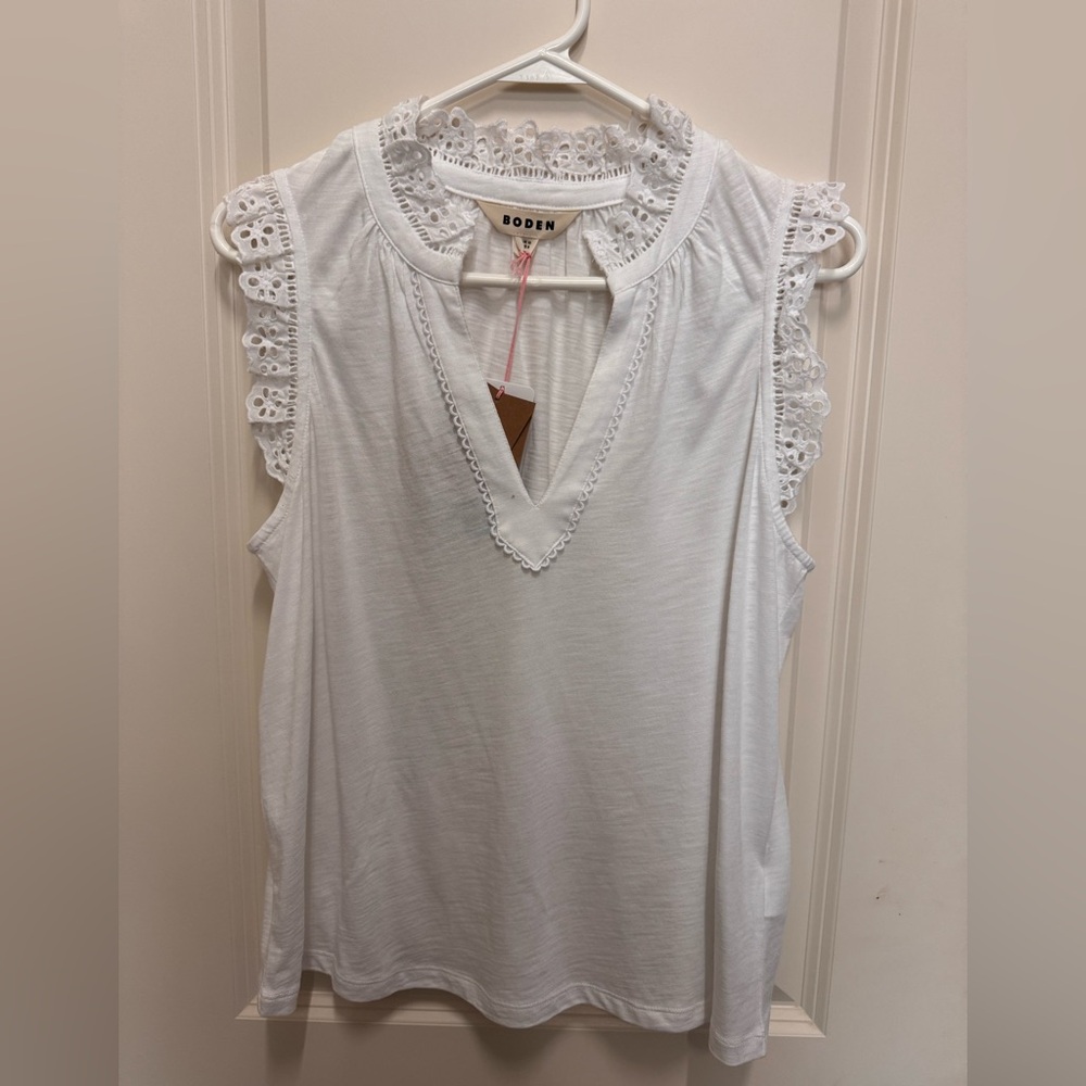Boden White Eyelet Trim Sleeveless Blouse